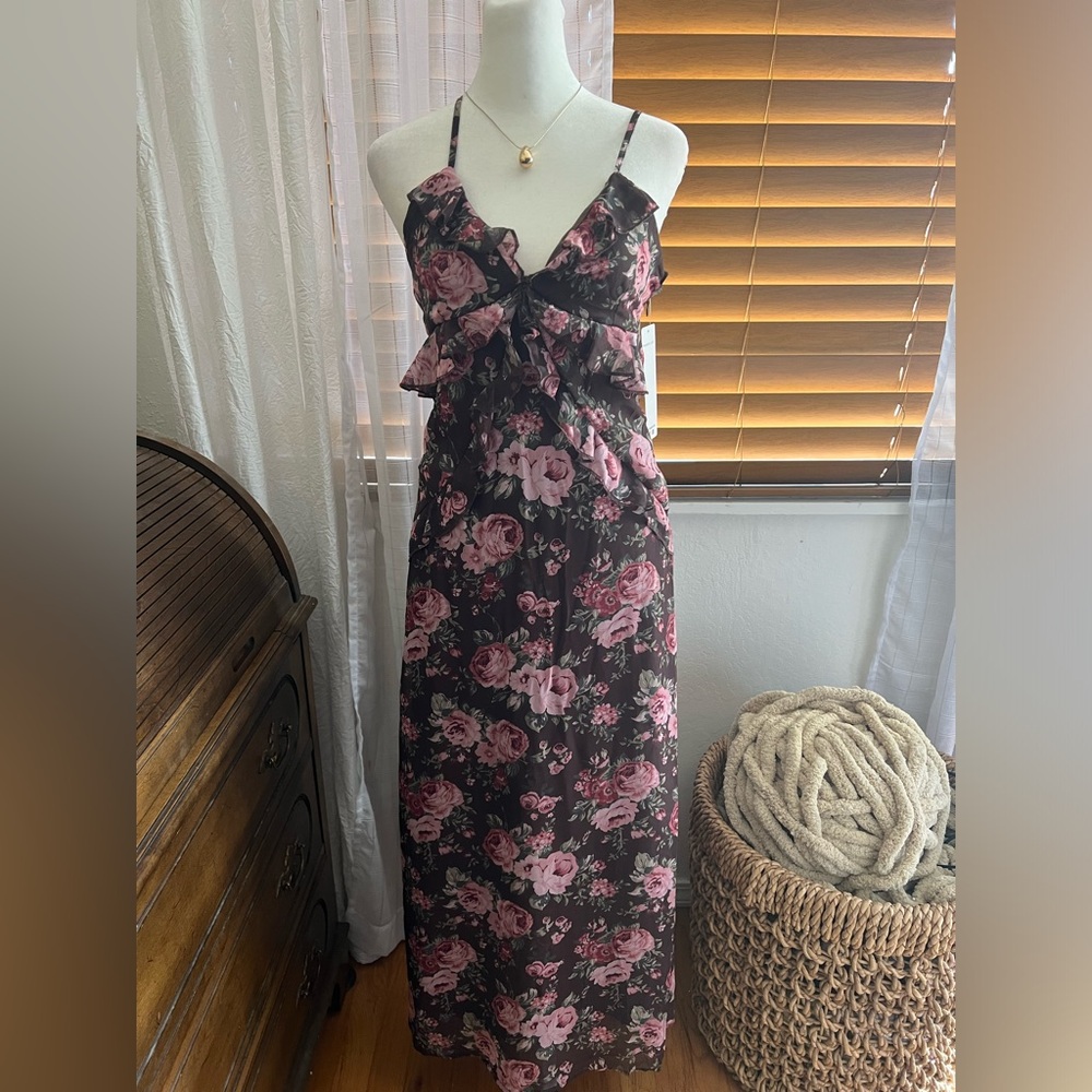 Floral Ruffle Maxi Dress - Brown with Pink Rose Print